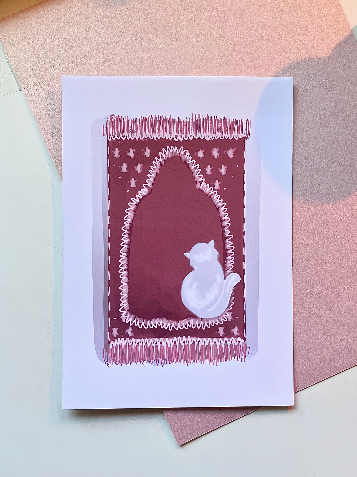 White and Pink Kitty Prayer Mat Print