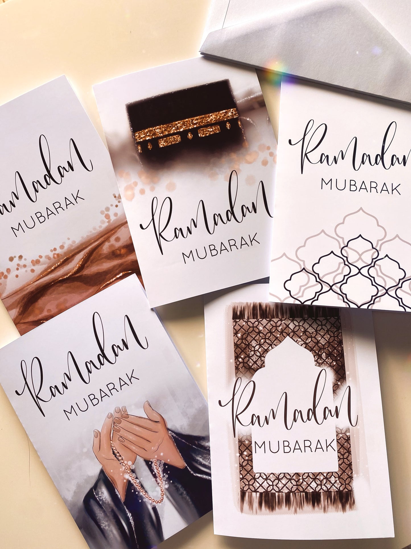 Set of 5 or 10 Neutral Toned Ramadan Mubarak Greeting Cards w/ Envelopes