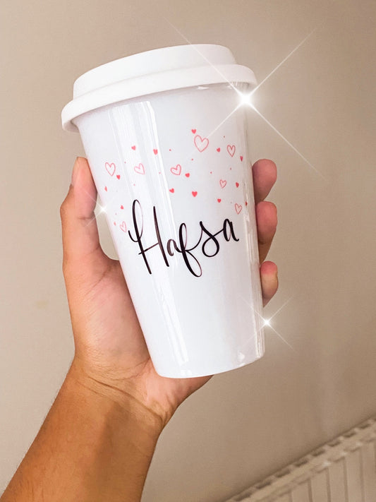 Personalised Name Minimal Hearts Ceramic Travel Mug