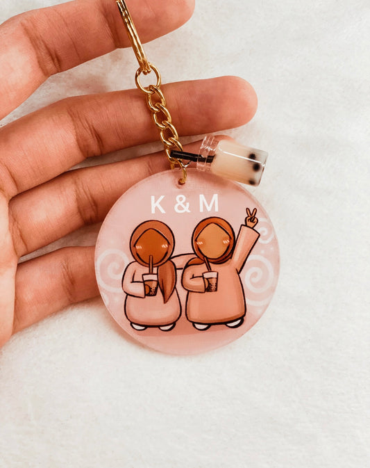 Personalised Hijabi Friends Boba Keychain with Boba Charm (Charm colours vary)