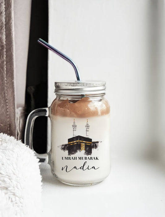 Personalised Umrah Mubarak Mason Jar Mug with Straw-Hole Lid