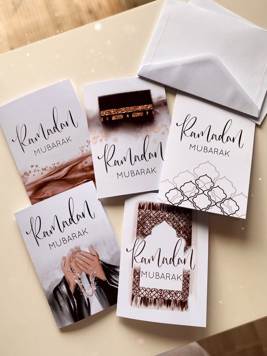 Set of 5 or 10 Neutral Toned Ramadan Mubarak Greeting Cards w/ Envelopes