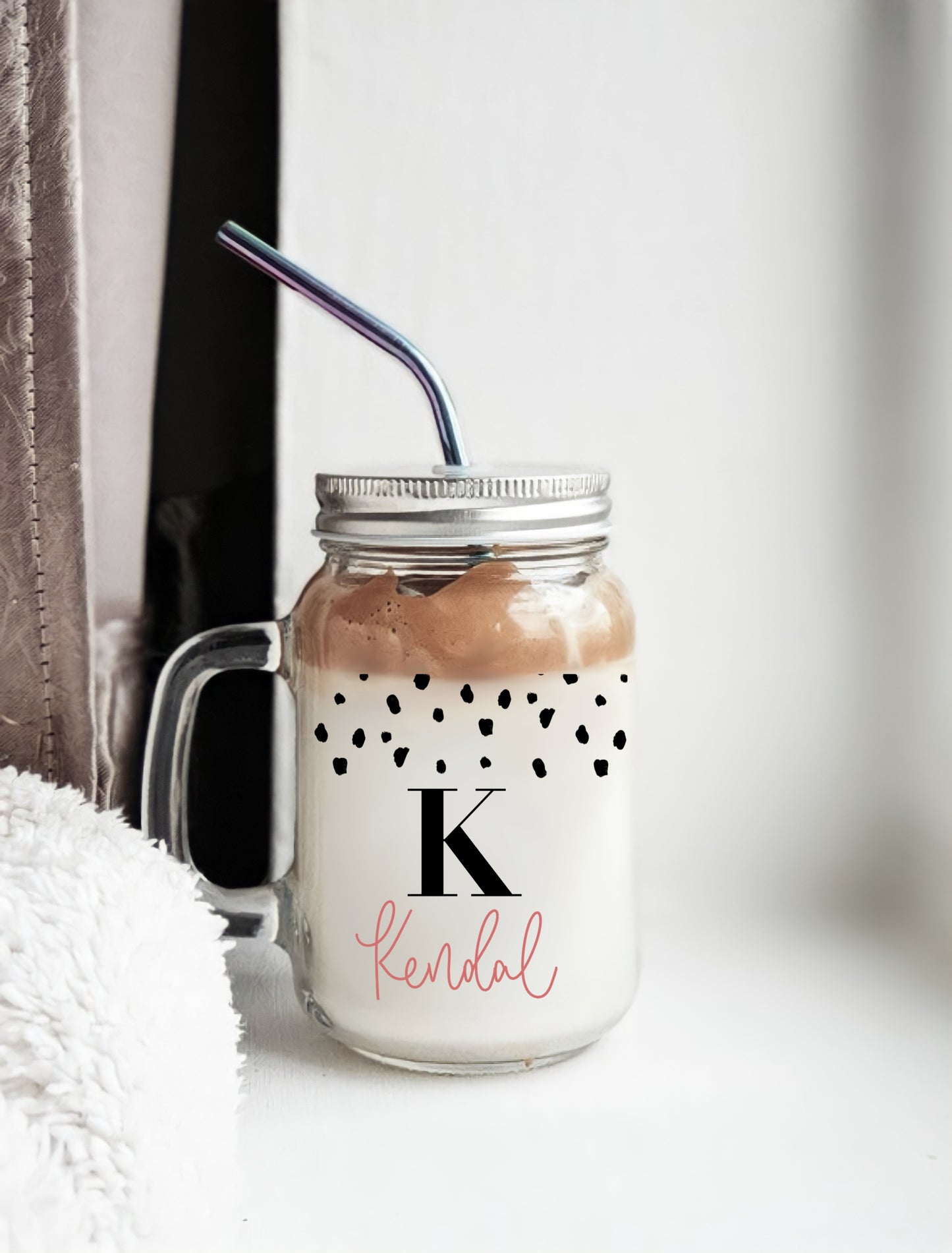 Personalised Name Speckled Mason Jar Mug with Straw-Hole Lid