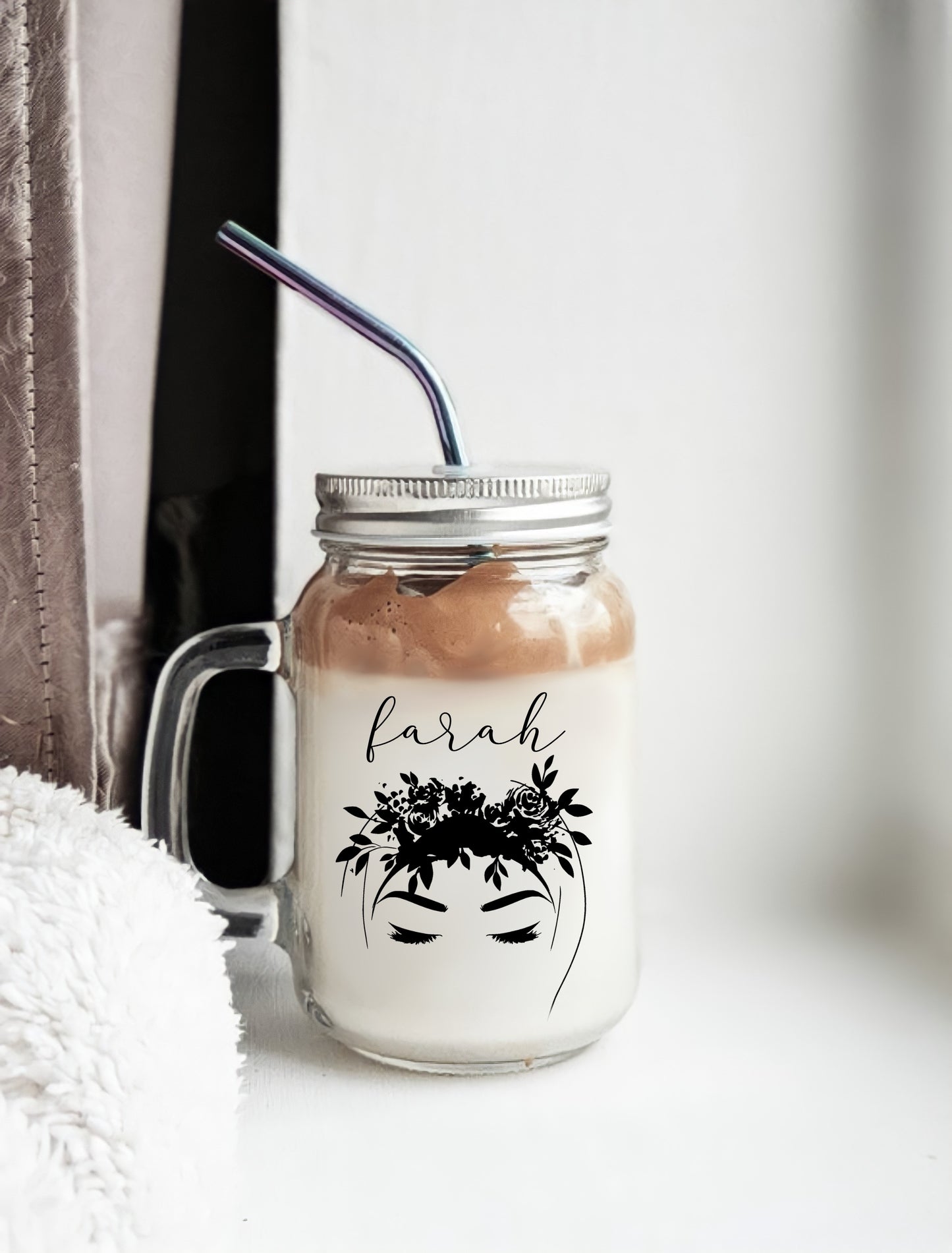 Personalised Floral Hijabi Mason Jar Mug with Straw-Hole Lid