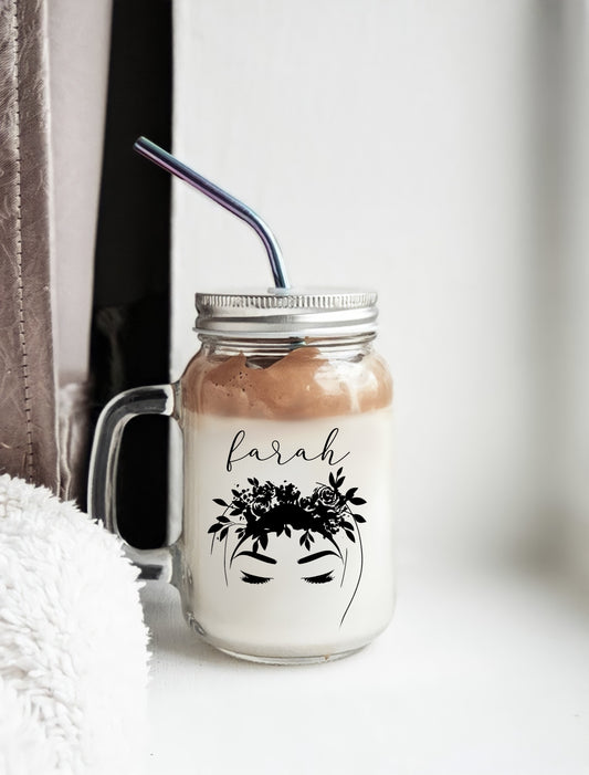Personalised Floral Hijabi Mason Jar Mug with Straw-Hole Lid