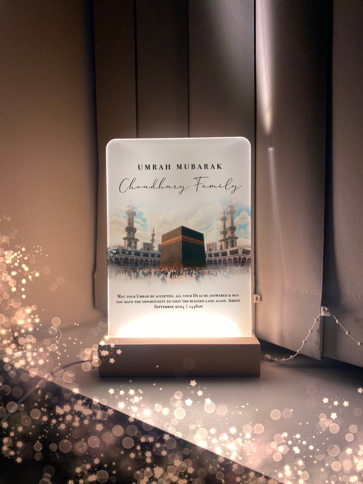 Umrah Mubarak Blue Lamp with Personalised Names (14x21cm)