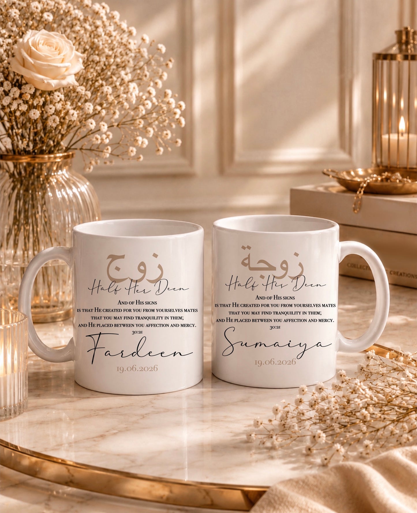 Set of 2 Personalised Islamic Married Couples "Half Your Deen" Mugs & Coasters Set