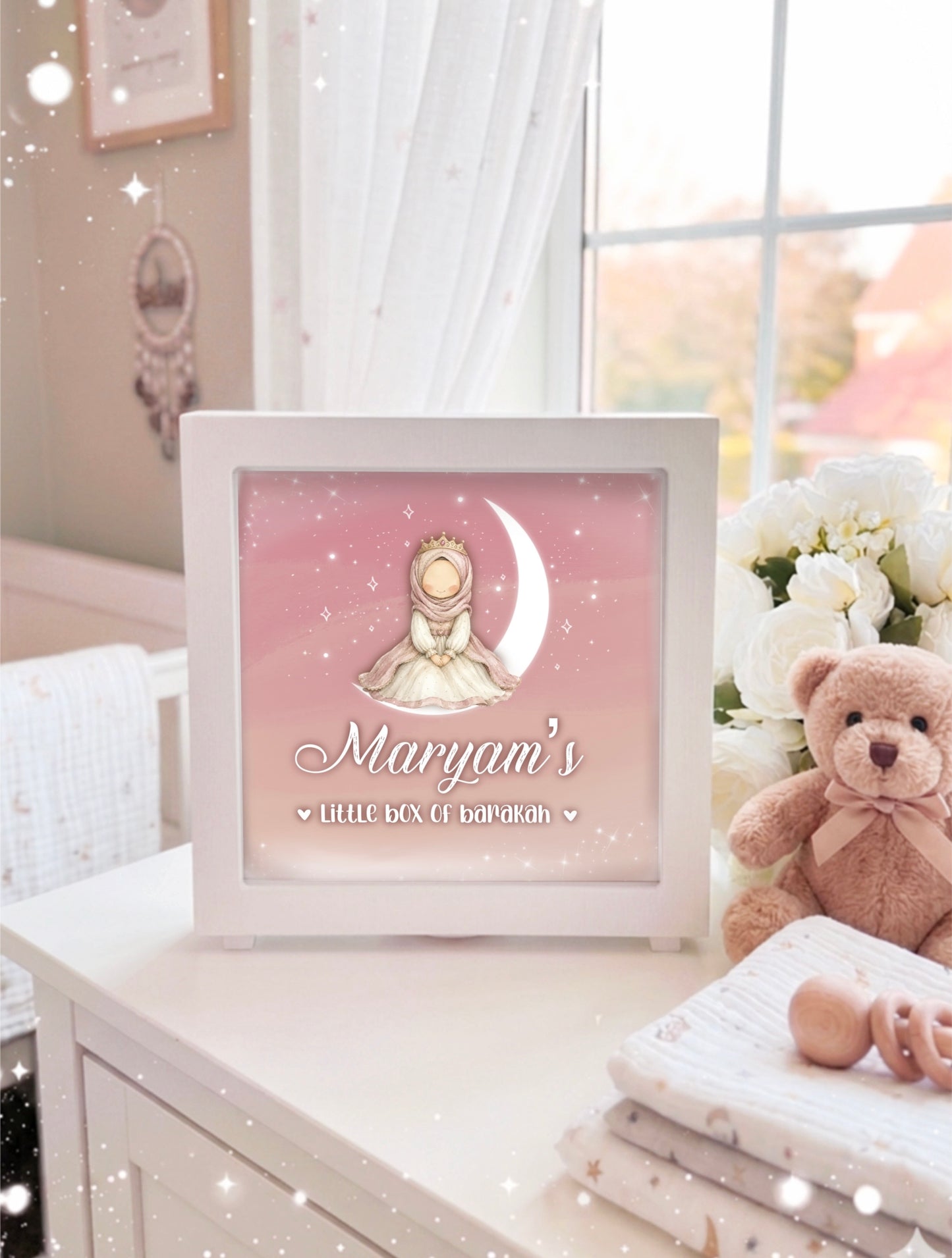 Girls Kids Wooden Personalised Islamic Money Box with Removable Plug 6.5x6.5 inch