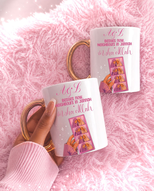 Set of 2 Islamic Friendship Sisterhood Gold Handle Mugs with Personalised Text Islamic Gift