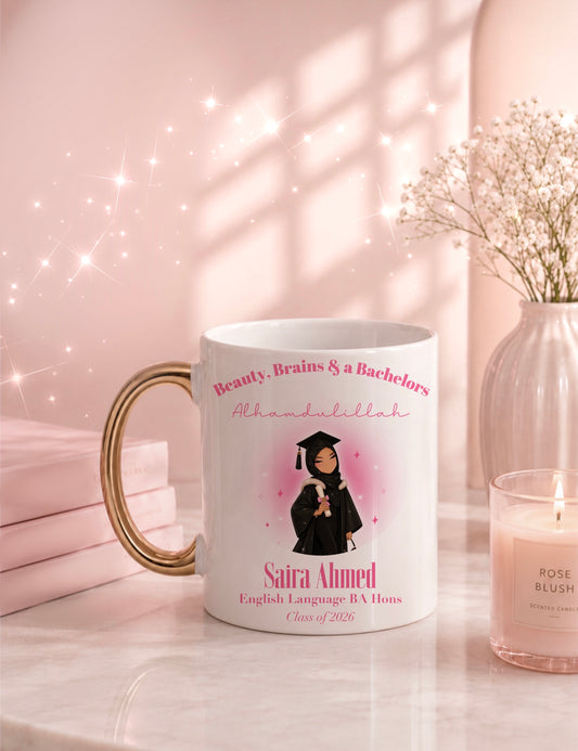 Hijabi Graduation Gift Gold Handle Bachelors Personalised Name Mug Islamic Gift