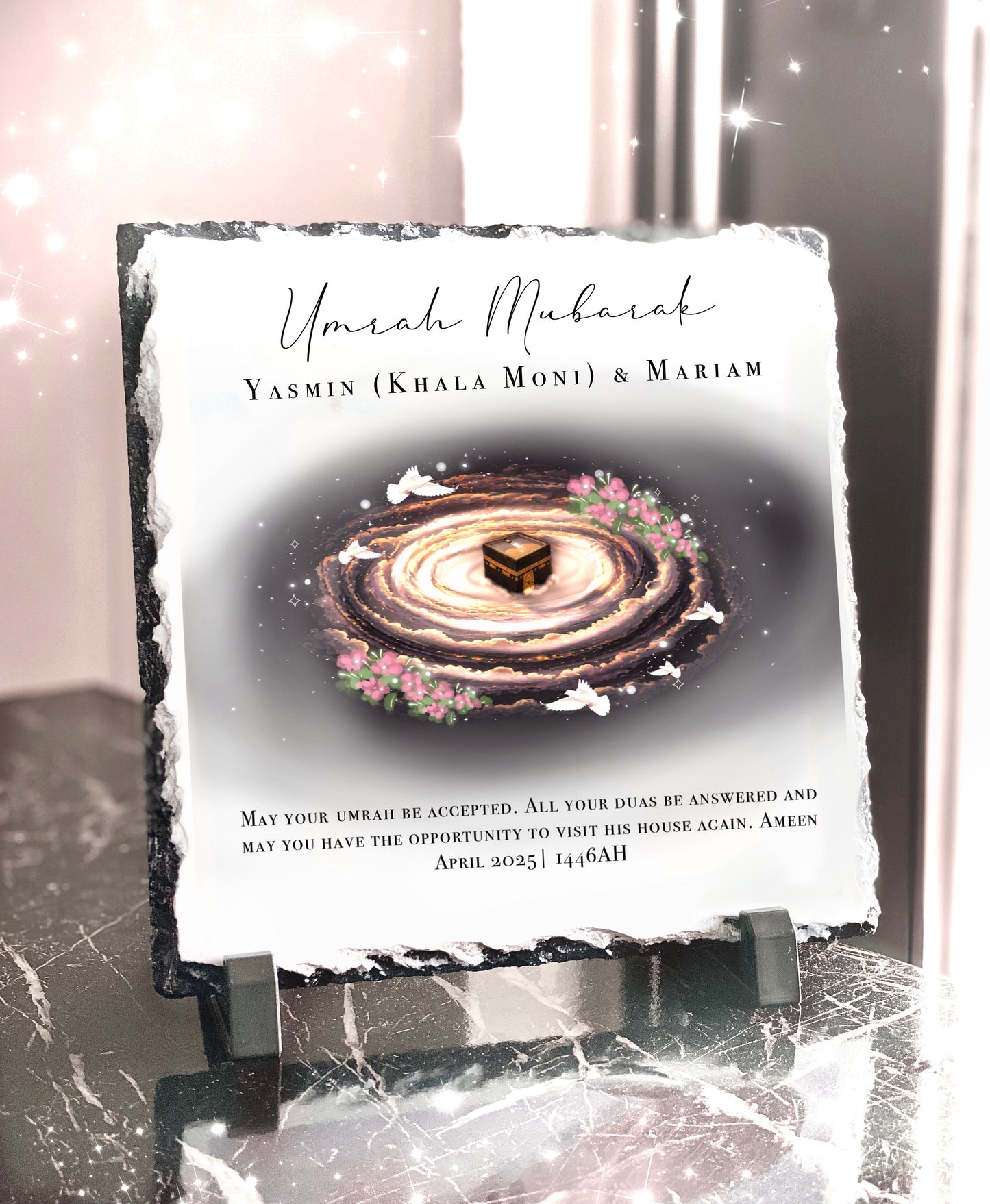 Floral Night Sky Kabah Umrah Gift Umrah Mubarak Kabah Slate with Personalised Names and Stand (20x20cm)