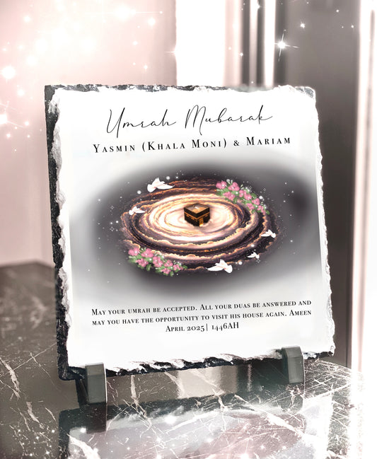 Floral Night Sky Kabah Umrah Gift Umrah Mubarak Kabah Slate with Personalised Names and Stand (20x20cm)