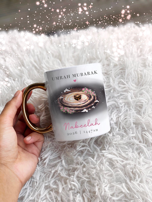 Floral Kabah Umrah Mubarak Personalised Gold Handle Mug