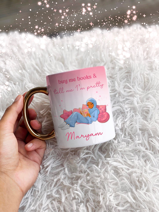 Hijabi Bookish Bookworm Illustration Personalised Womens Gold Handle Mug Islamic Gift