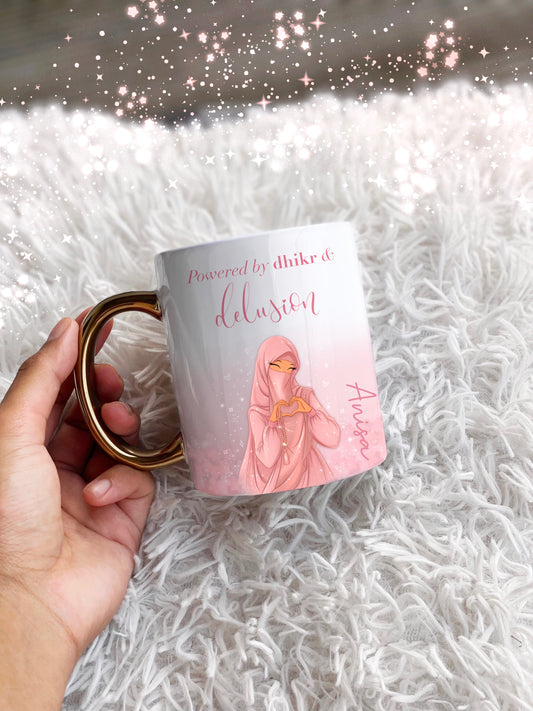 Niqabi Pink Stars Illustration Personalised Womens Gold Handle Mug Islamic Gift