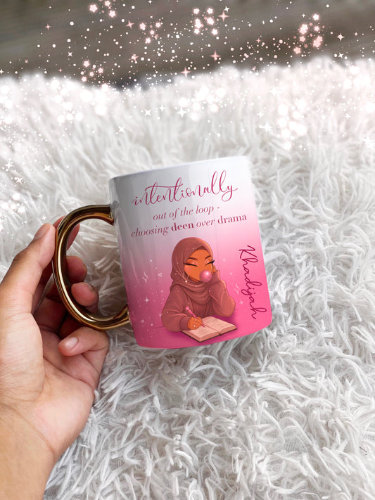 Pink Hijabi Deen over Drame Gold Handle Personalised Name Mug Islamic Gift