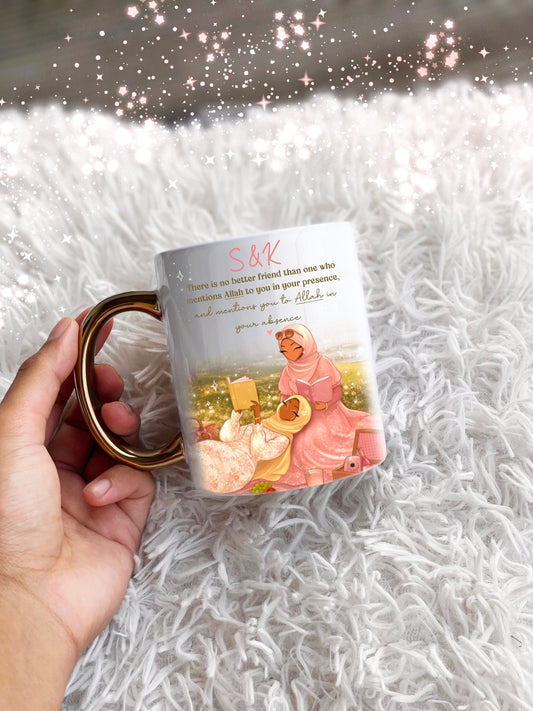 Hijabi Friends Picnic Quote Gold Handle Personalised Name Mug Islamic Gift