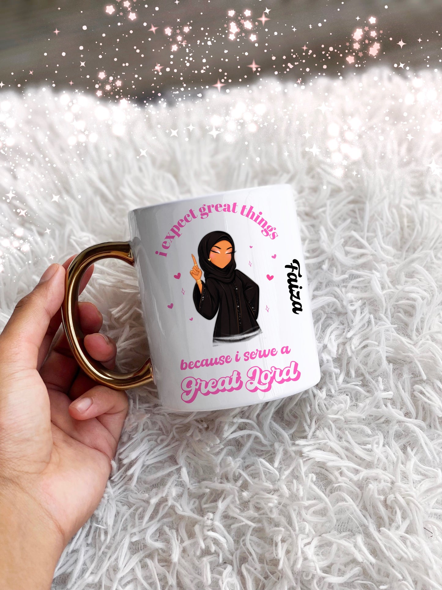Hijabi Abaya Inspirational Quote Pink Gold Handle Personalised Name Mug Islamic Gift