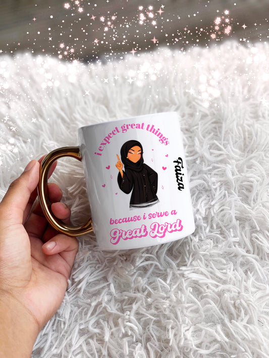 Hijabi Abaya Inspirational Quote Pink Gold Handle Personalised Name Mug Islamic Gift