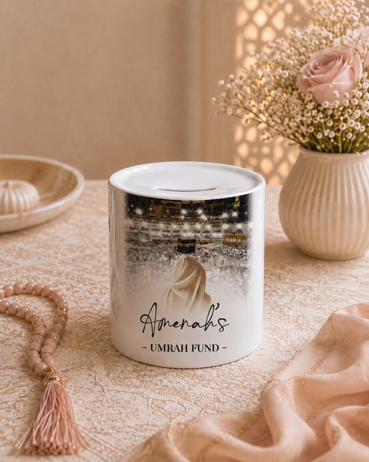Personalised Women’s Umrah Fund Double Sided Islamic Money Jar with Removable Plug