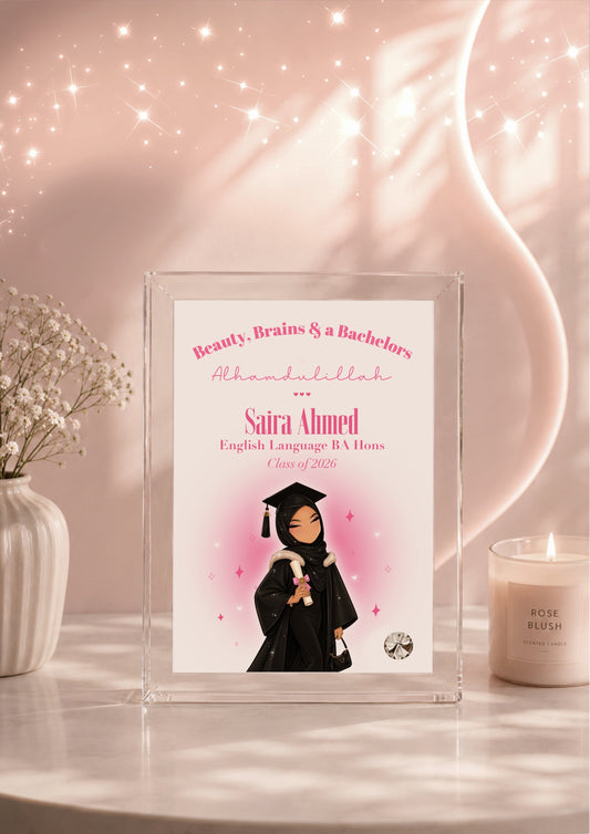 Hijabi Graduation Gift Crystal Glass Frame Bachelors Personalised Name Islamic Gift