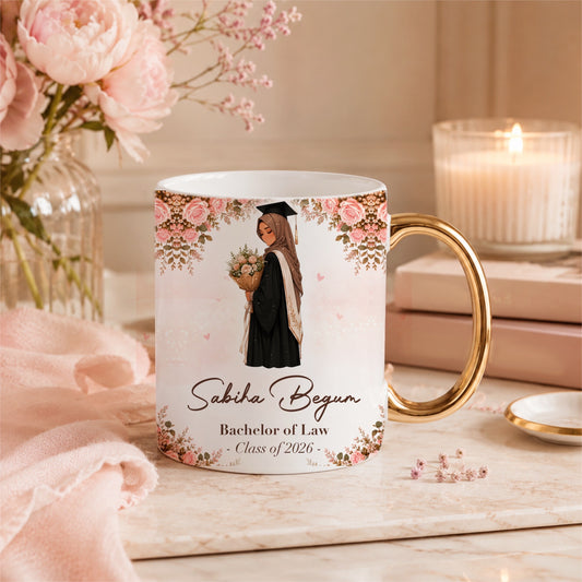 Hijabi Graduation Floral Gift Gold Handle Personalised Name Mug Islamic Gift