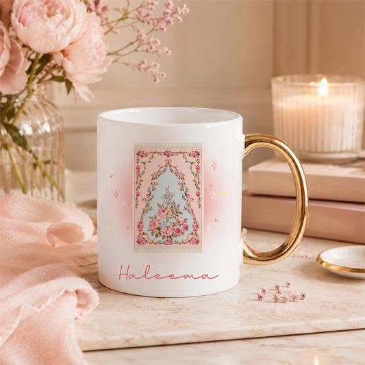 Dainty Prayer Mat Gold Handle Personalised Name Mug Islamic Gift