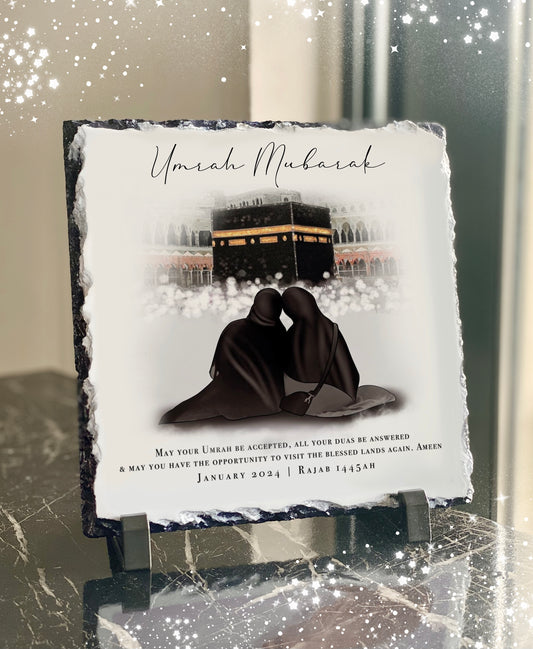 Umrah Mubarak Sisters Friendship Slate with Personalised Names and Stand (20x20cm