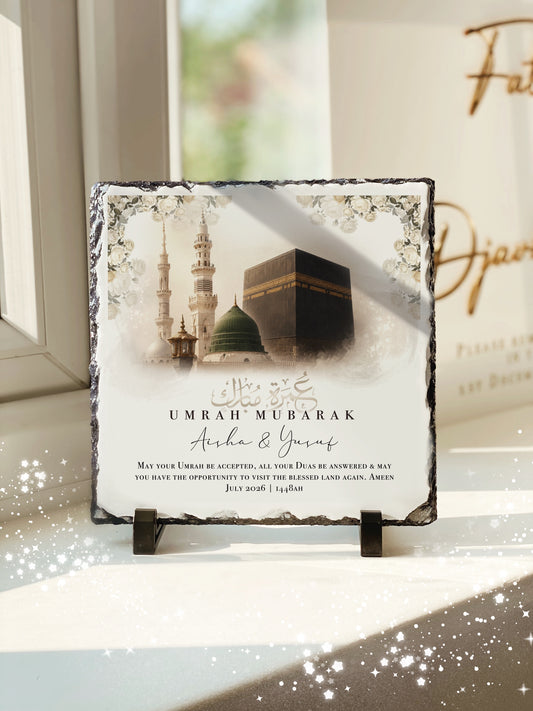 Neutral Kabah Umrah Gift Umrah Mubarak Kabah Slate with Personalised Names and Stand (20x20cm)