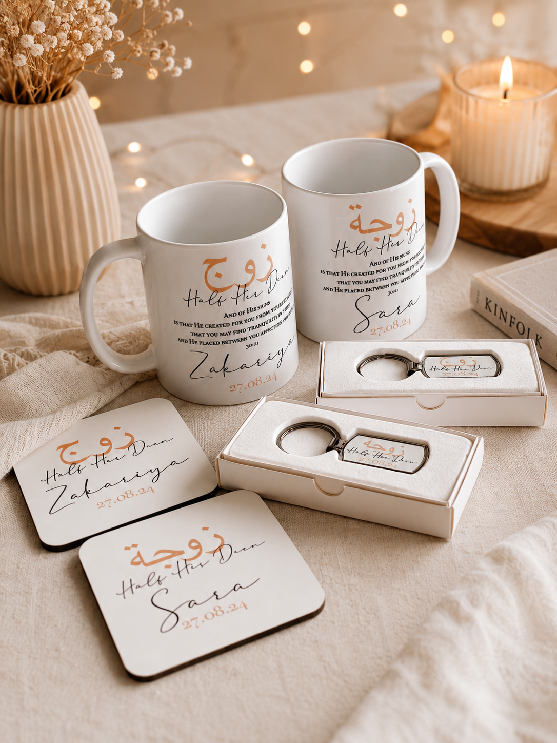 Set of 2 Personalised Islamic Married Couples "Half Your Deen" Mugs & Coasters & Keychains