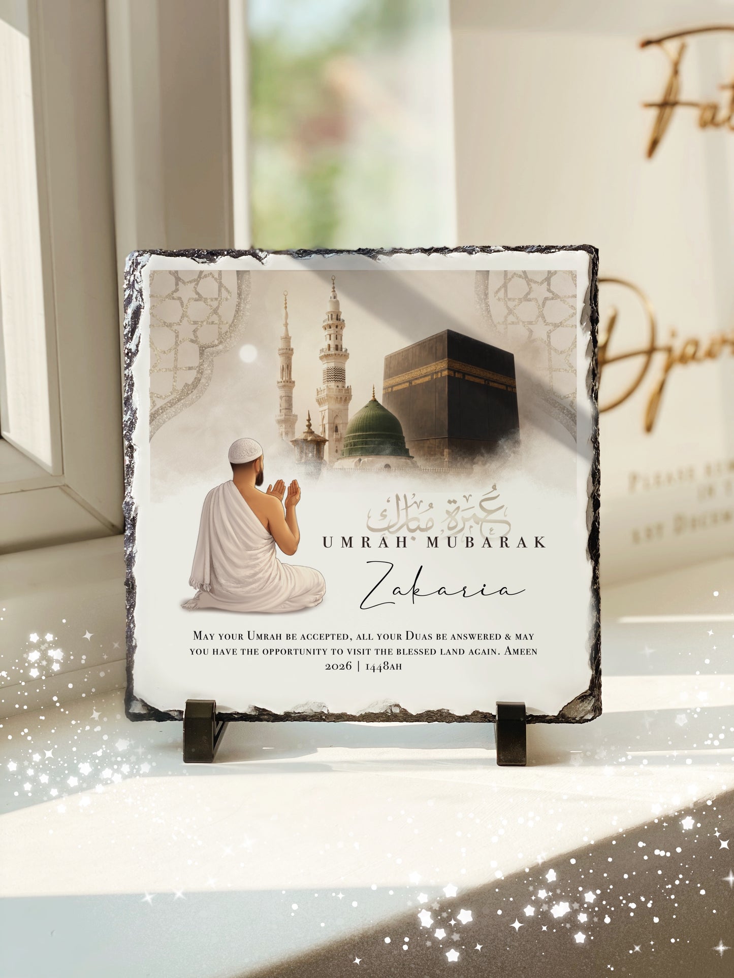 Neutral Kabah Mens Umrah Gift Umrah Mubarak Kabah Slate with Personalised Names and Stand (20x20cm)
