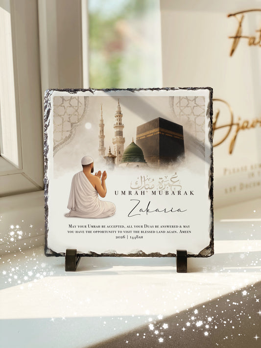 Neutral Kabah Mens Umrah Gift Umrah Mubarak Kabah Slate with Personalised Names and Stand (20x20cm)