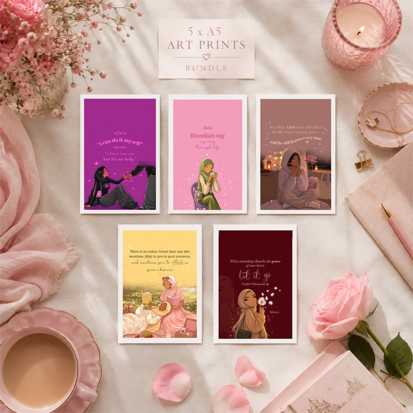Set of 5 x A5 Islamic Girly Art Prints, Women’s Motivational Quotes, Muslimah Gift