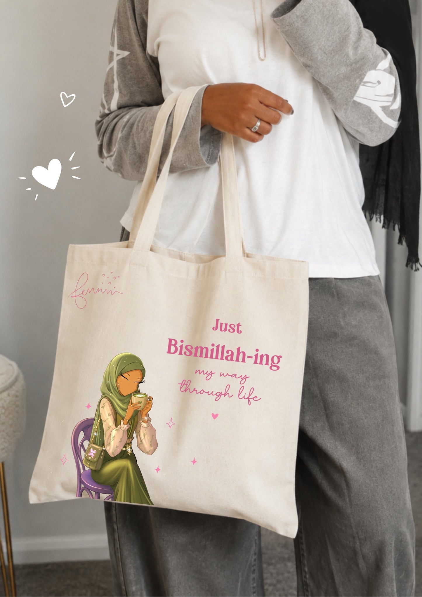 Hijabi Matcha Bismillah Quote Tote Bag 40x40cm