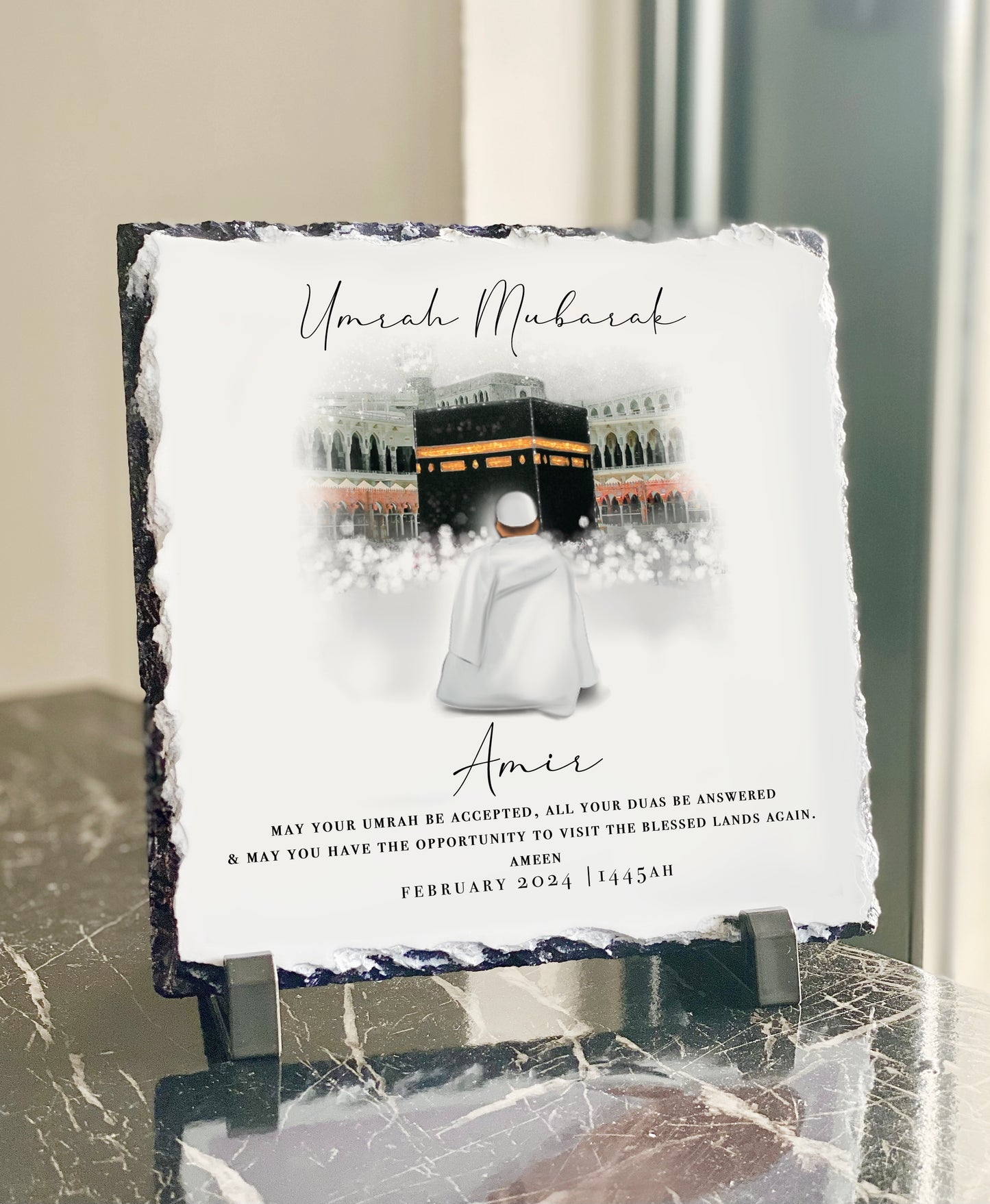 Umrah Mubarak Male Slate with Personalised Names and Stand (20x20cm)