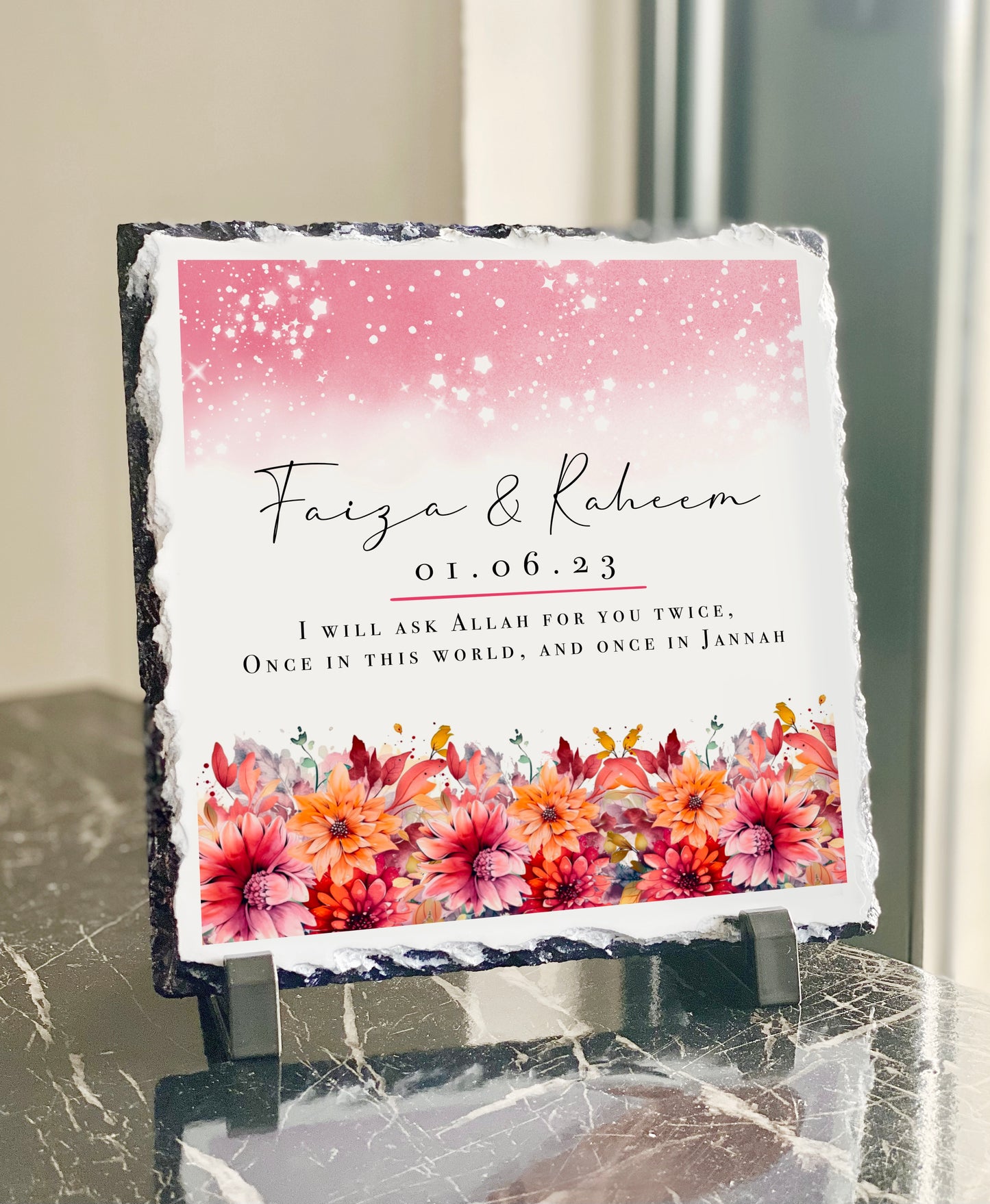 Couples Marriage Nikkah Floral Slate with Personalised Names and Stand (20x20cm)