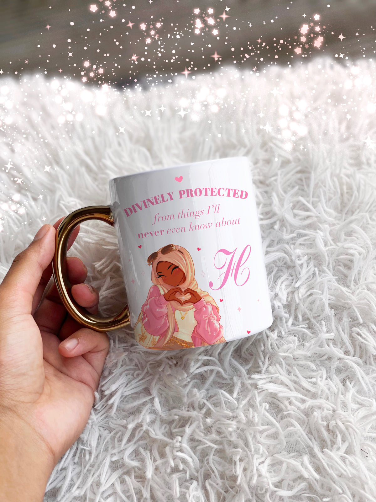 Hijabi Hearts Quote Gold Handle Personalised Mug Islamic Gift - with varying skin tones