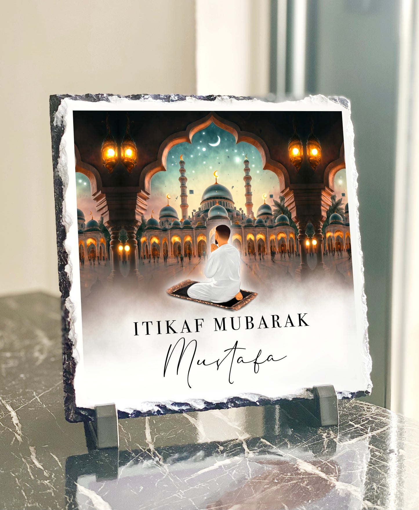 Itikaf Mubarak Ramadan Personalised  Mens Slate with Stand (20x20cm)