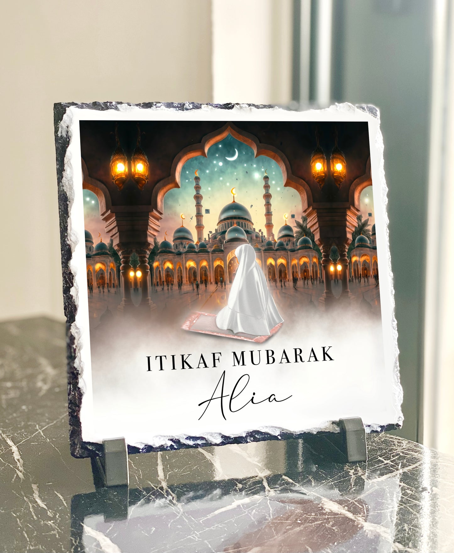 Itikaf Mubarak Ramadan Personalised  Womans Slate with Stand (20x20cm)