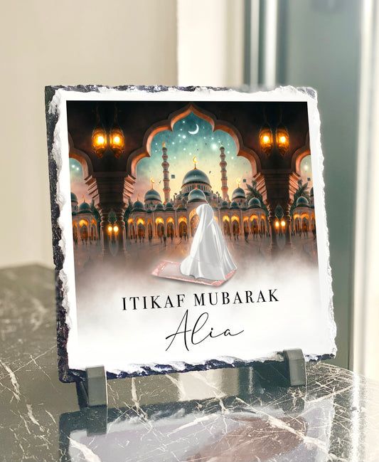 Itikaf Mubarak Ramadan Personalised  Womans Slate with Stand (20x20cm)