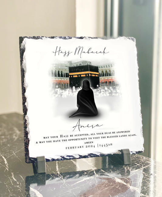 Hajj Mubarak Female Slate with Personalised Names and Stand (20x20cm