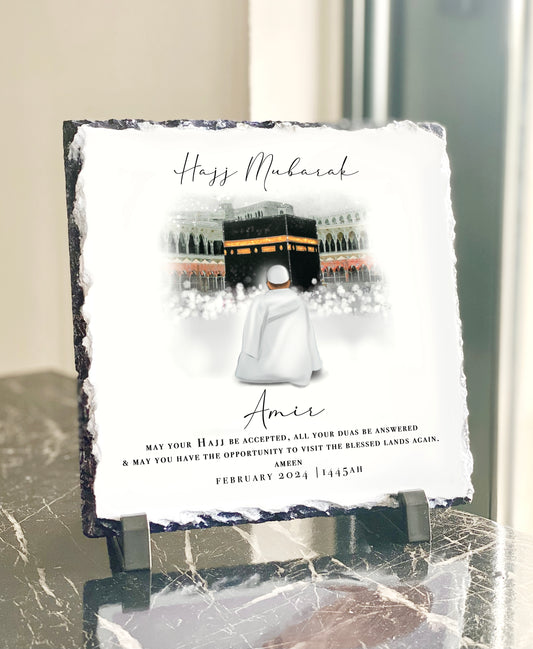 Hajj Mubarak Male Slate with Personalised Names and Stand (20x20cm