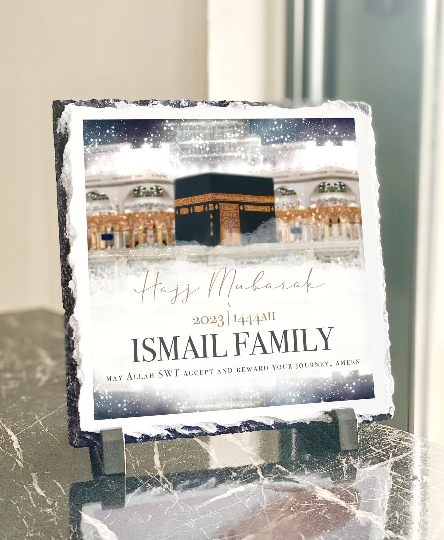 Hajj Mubarak Slate with Personalised Names and Stand (20x20cm)