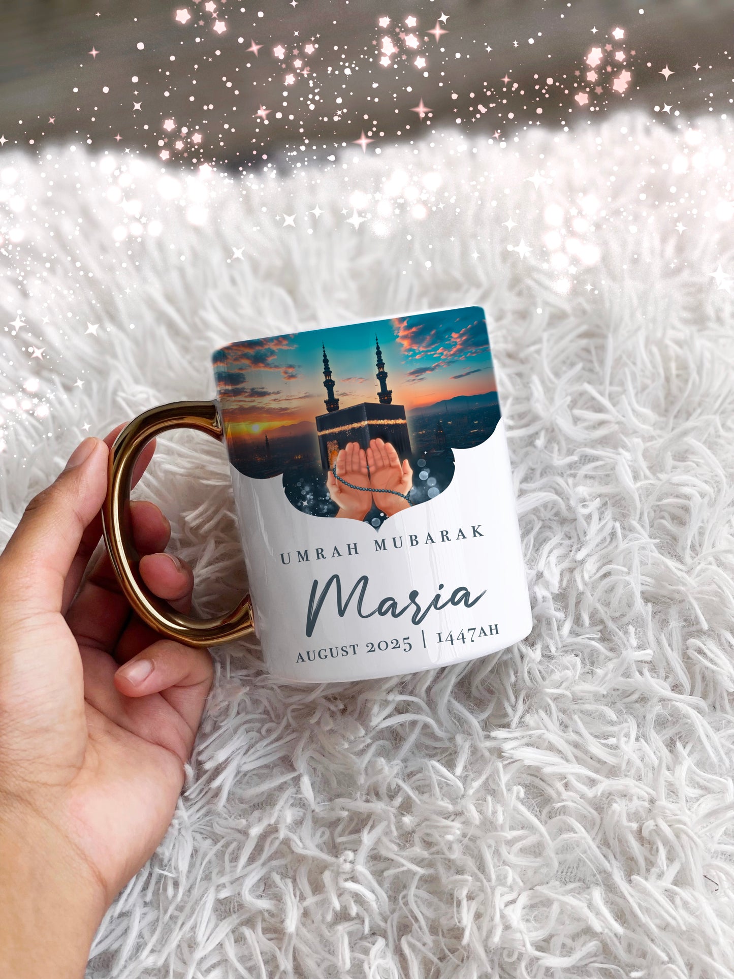 Personalised Gold Handle Kabah Sunset Masjid Umrah Mubarak Mug