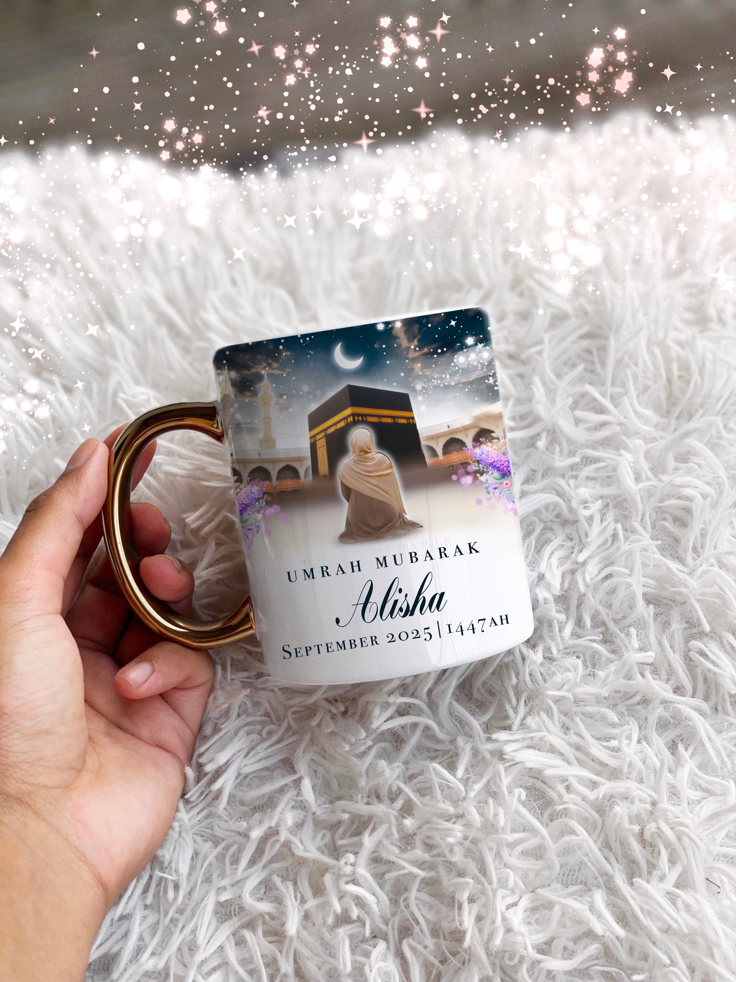 Umrah Gift Personalised Gold Handle Kabah Womens Hijab Masjid Umrah Mubarak Mug