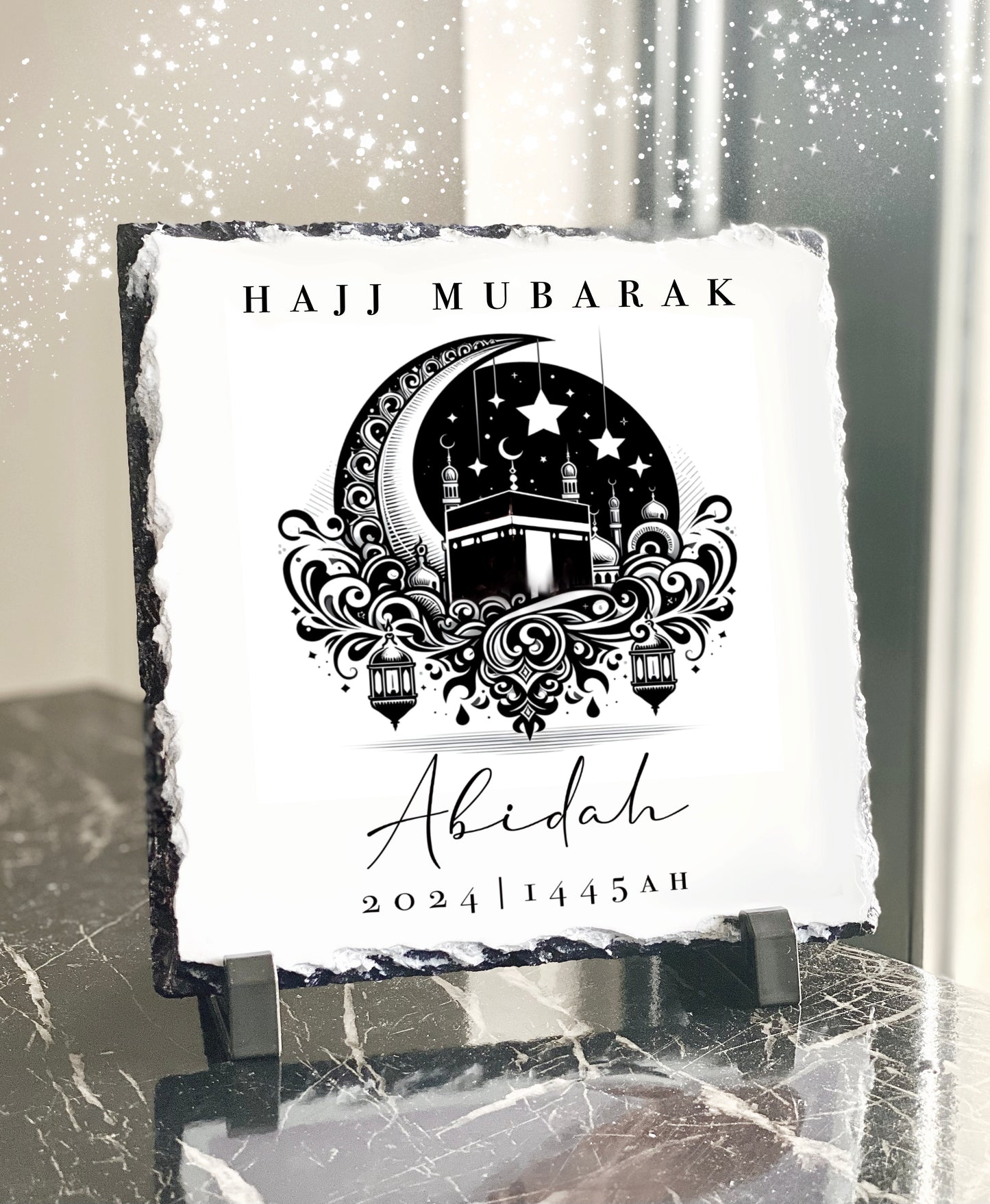 Hajj Mubarak Slate with Personalised Names and Stand (20x20cm)