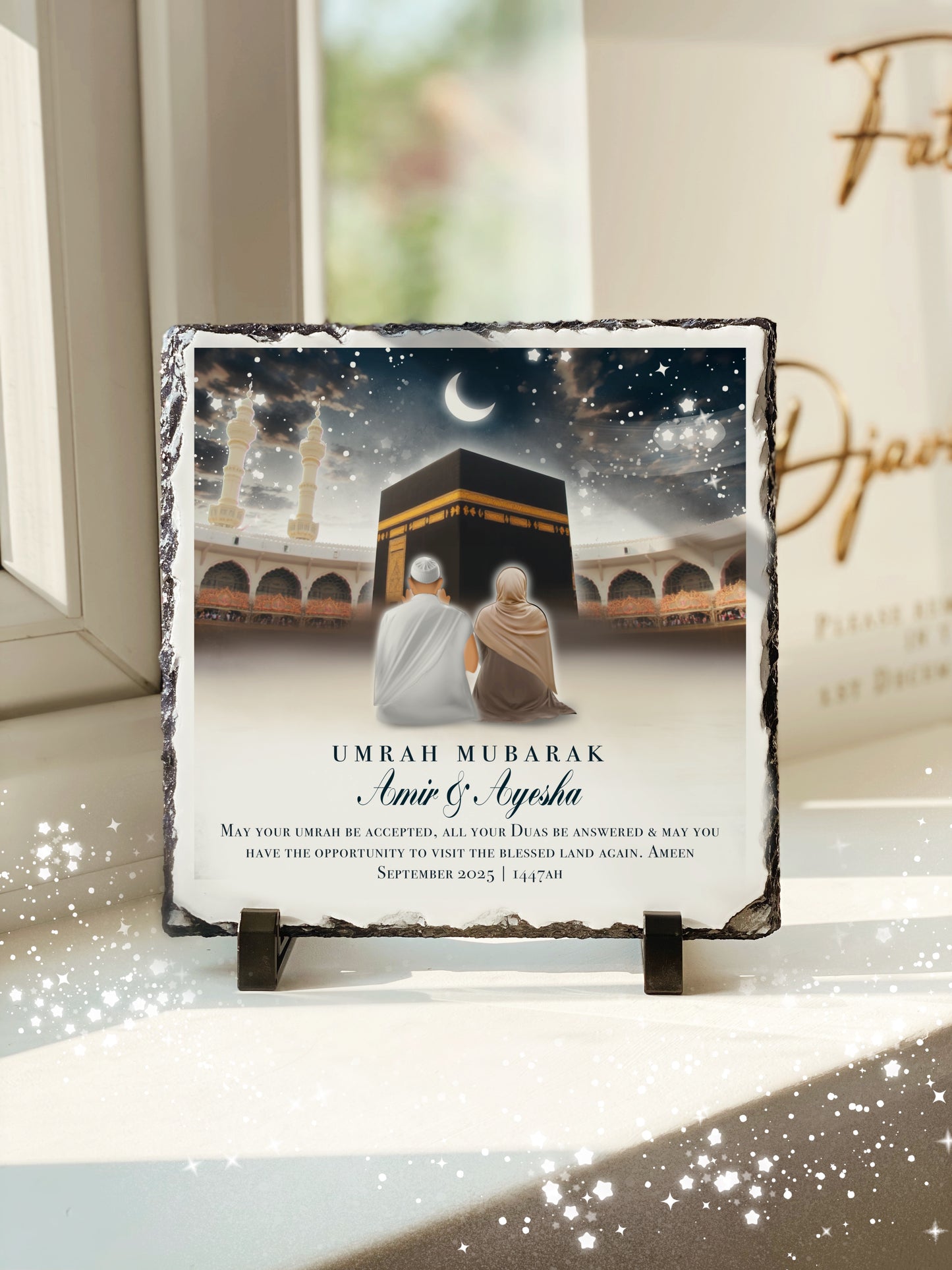 Umrah Gift Umrah Mubarak Kabah Couples Gift Masjid Slate with Personalised Names and Stand (20x20cm)