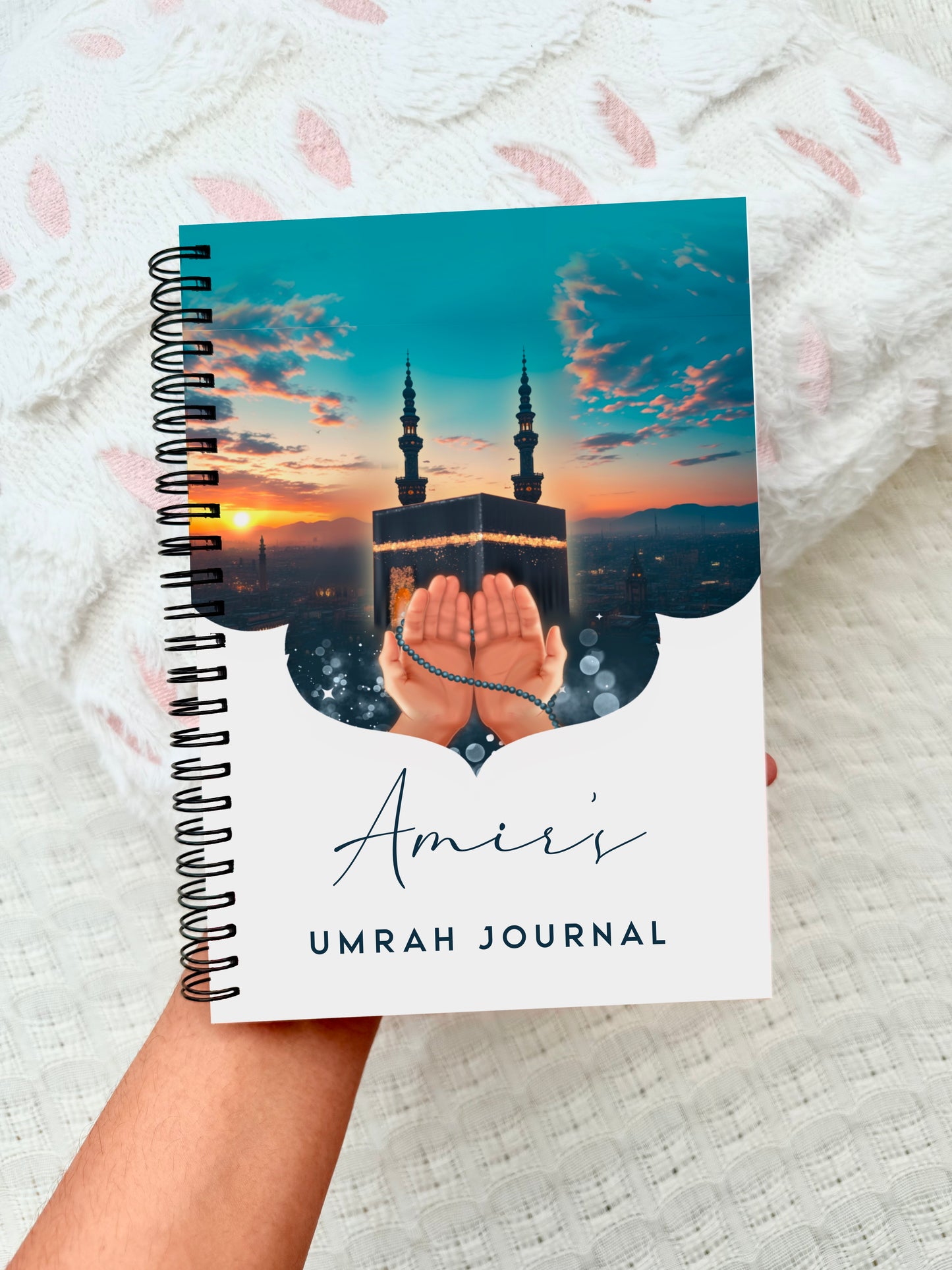 Islamic Personalised Prayer Hands Kabah Hajj Umrah Journal A5 Spiral Bound Notebook