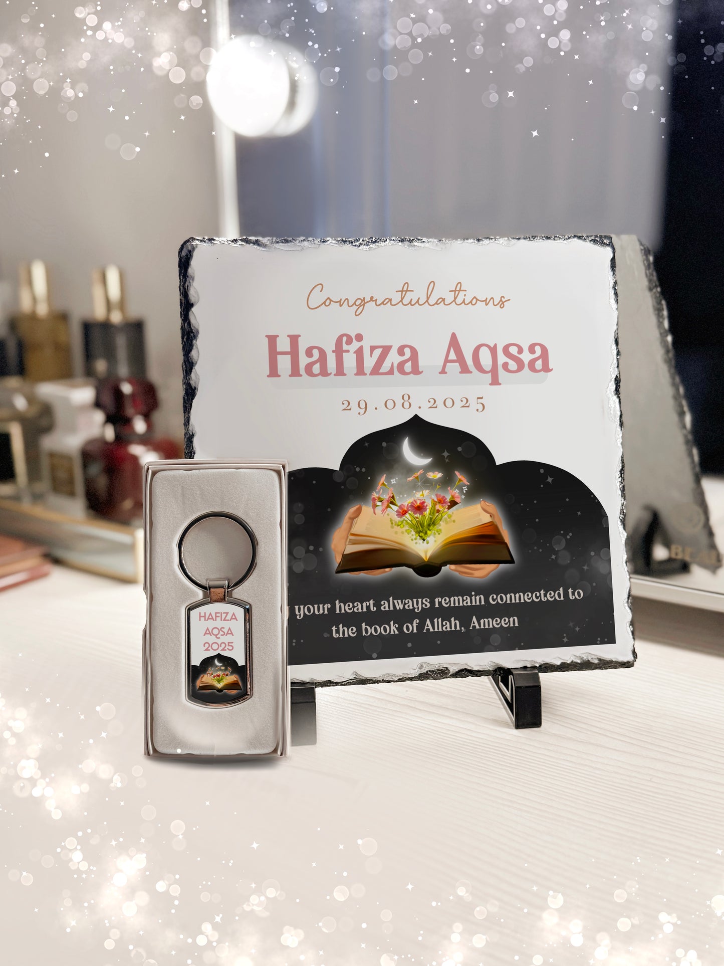 Hifz Hafiza Slate and Keyring Set with Personalised Names and Stand (20x20cm)
