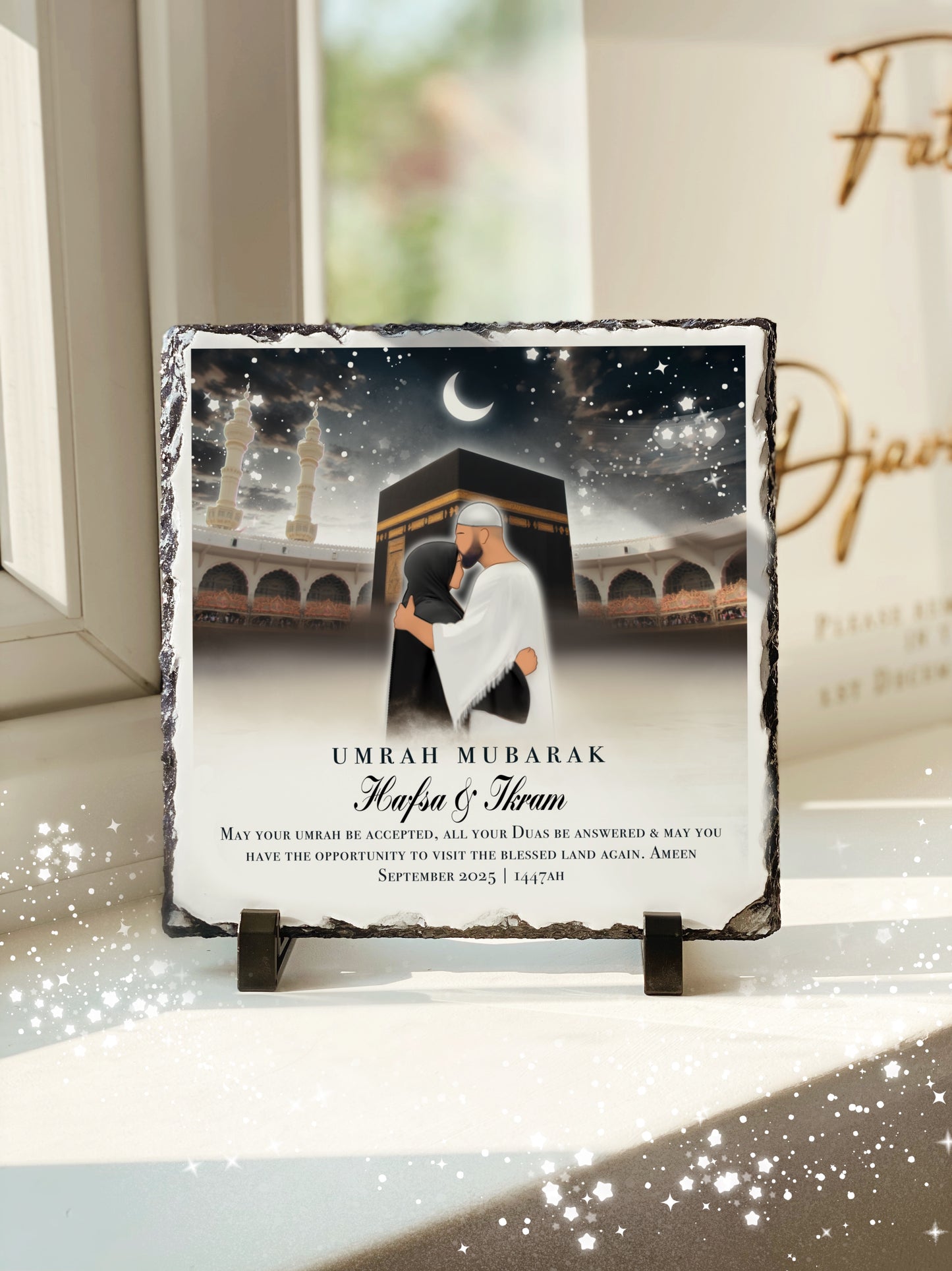 Umrah Gift Umrah Mubarak Kabah Couples Husband and Wife Masjid Slate with Personalised Names and Stand (20x20cm)